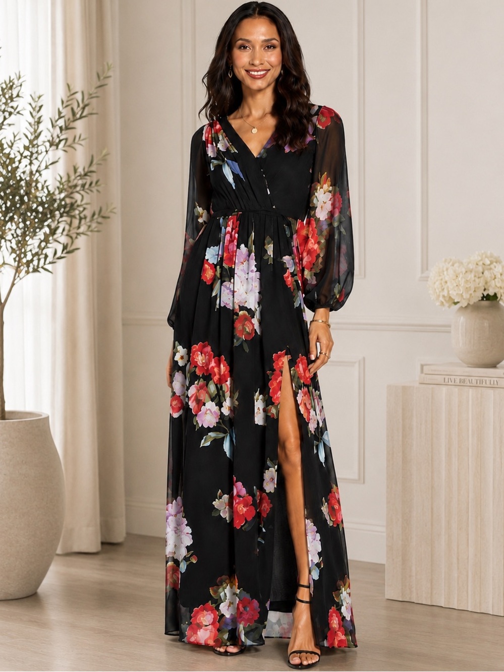 Adrianna Papell Black Floral Chiffon Maxi Dress Sz 14 Long Sleeve Surplice Gown